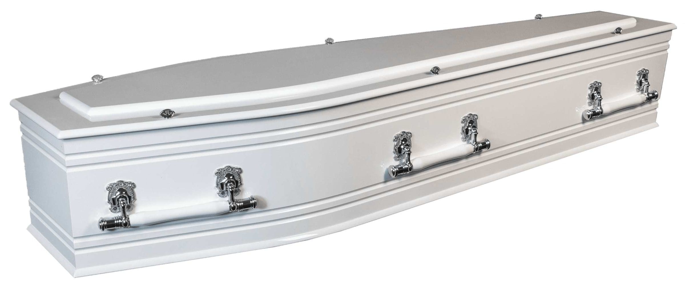 White Gloss Finish Vacy Coffin by Fry Bros Funerals in Maitland